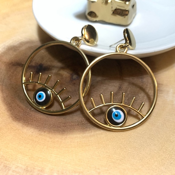 Gold hoop earrings evil eye earrings - Picture 2 of 7